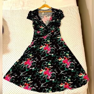 Leota faux wrap black Dress with Pink and Green Floral Pattern